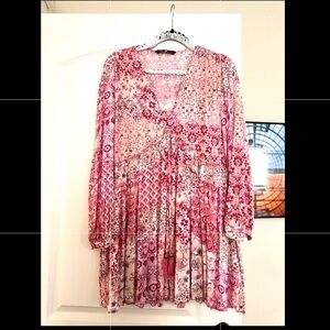 Zara Red and Pink Patterned Long Sleeve Dress